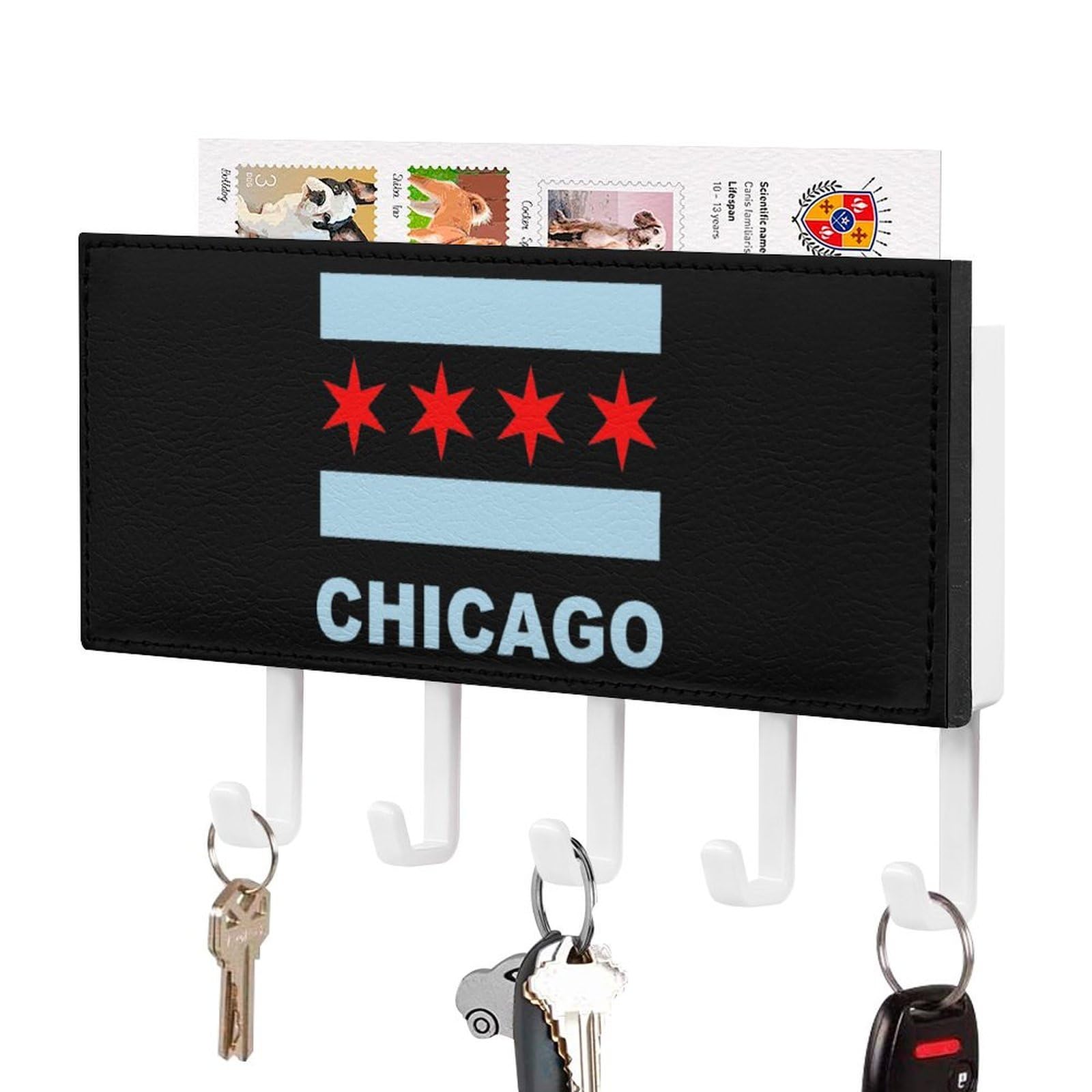 NCLQVJXZKHW Chicago State Flag Key Holder with 5 Hooks Key Hooks Wall Mounted Key Racks Key Hanger Organiser Shelf