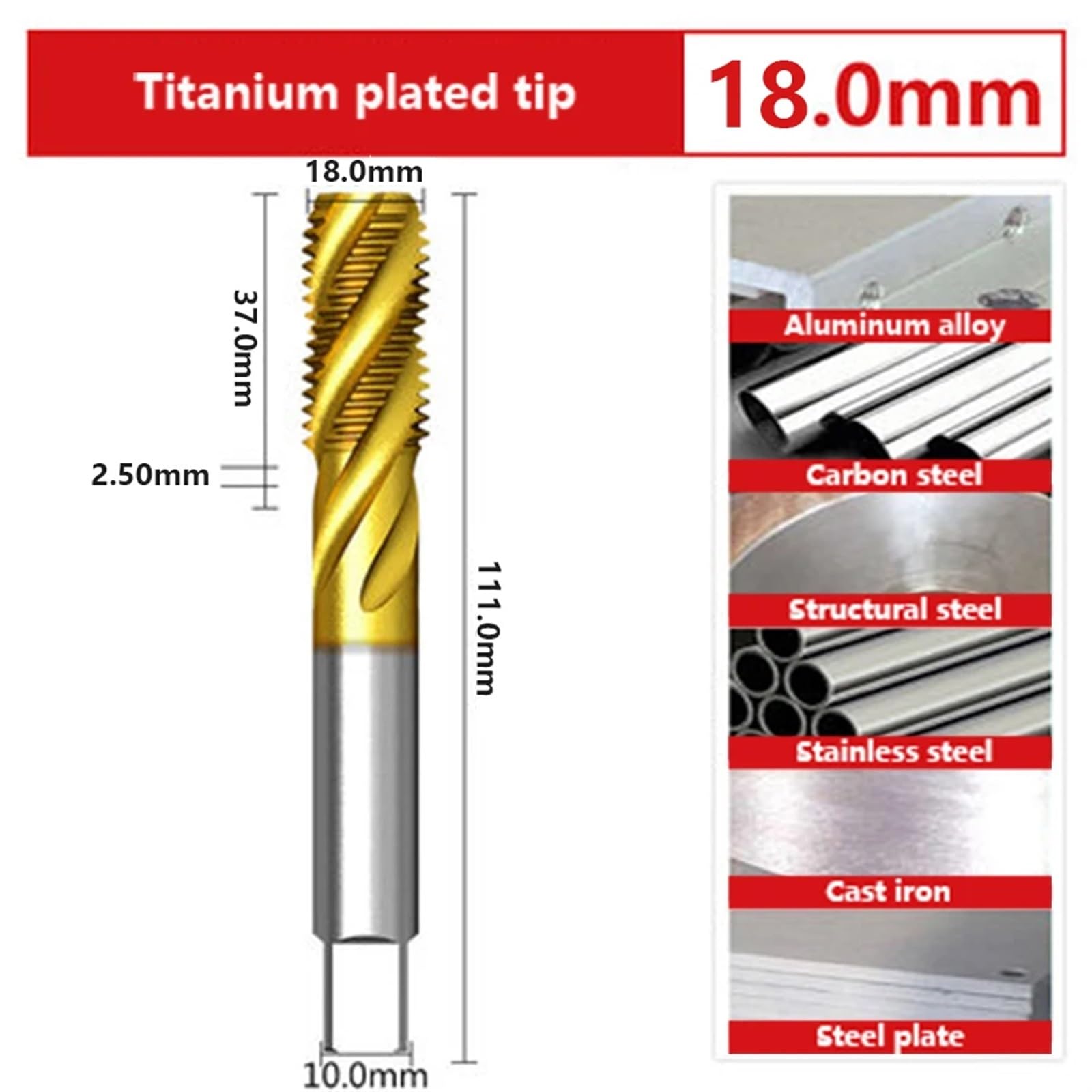 Máquina de enchapado de acero de alta velocidad con macho de roscar con punta en espiral M3 M4 M5 M6 M8 M10 Herramientas de taladro de roscado especiales de acero inoxidable 1 pieza(Tip tap 18.0mm)