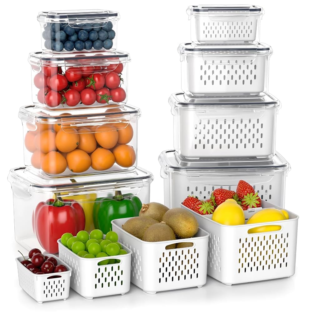 Satpurush Fridge Storage Containers with Drain Basket (4-Piece Set) BPA-Free Refrigerator Organizer Boxes for Vegetables & Fruits | Stackable Kitchen Storage Containers (600ml, 1400ml, 2600ml, 4500ml)