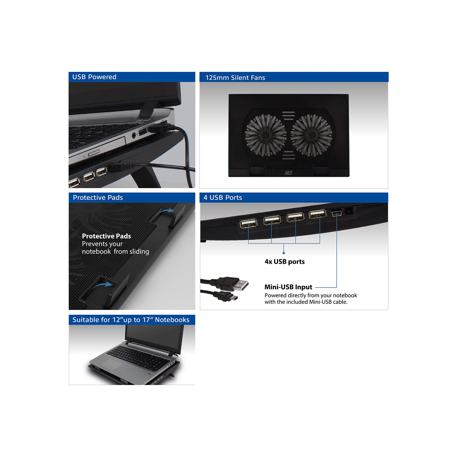 ACT Support de Refroidissement pour Ordinateur Portable 17", 2 Ventilateurs Silencieux, Hauteur Réglable, Concentrateur USB 4 Ports