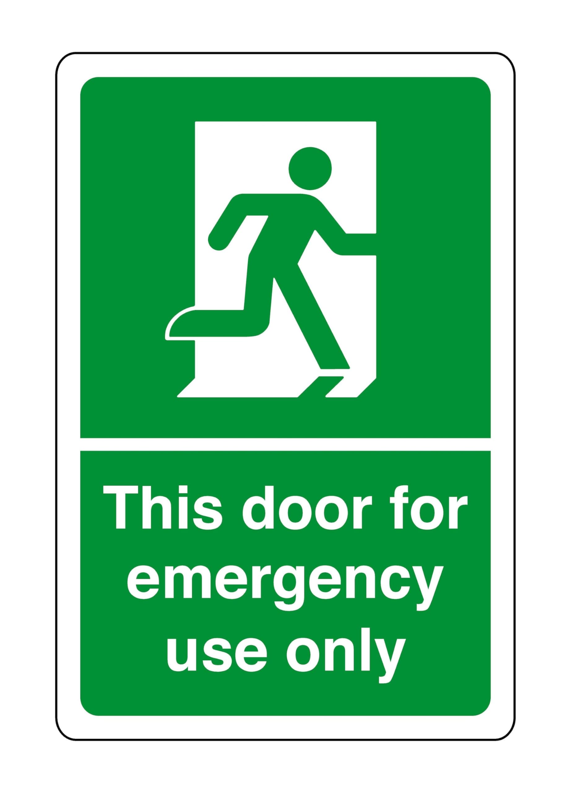 This door for emergency use only - safety sign- 3mm Aluminum Dibond for indoor/outdoor usage (600mm x 400mm) 20m Viewing Distance.