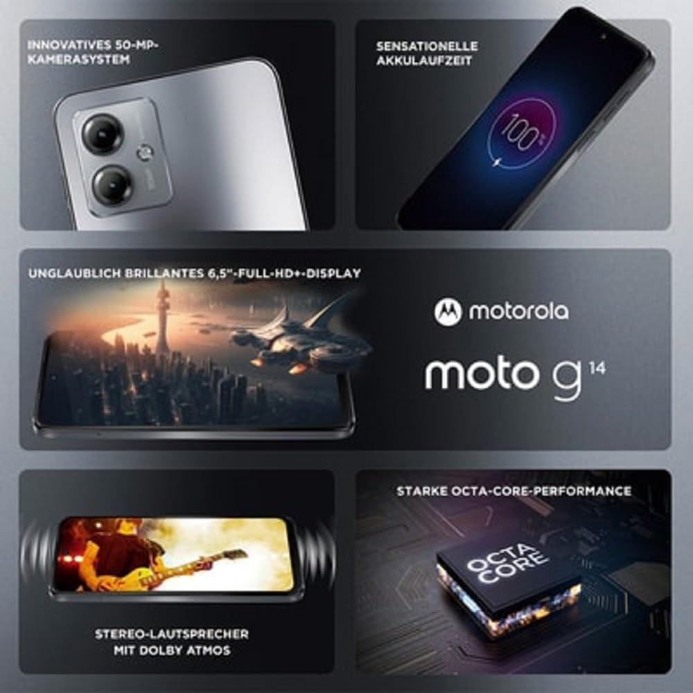 Motorola moto g14 (8/256 GB espandibile, Doppia fotocamera 50MP, Display 6.5" FHD+, Unisoc T616, batteria 5000 mAh, Dual SIM, Android 13, Cover Inclusa), Grigio (Grey)