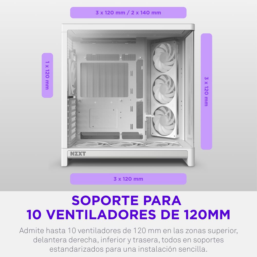 NZXT H6 RGB+ - Caja PC ATX Compacta Doble Cámara - Blanco | Caja ATX de doble cámara con ventiladores RGB preinstalados y Control Hub Lite. Iluminación sincronizada con CAM de fábrica.