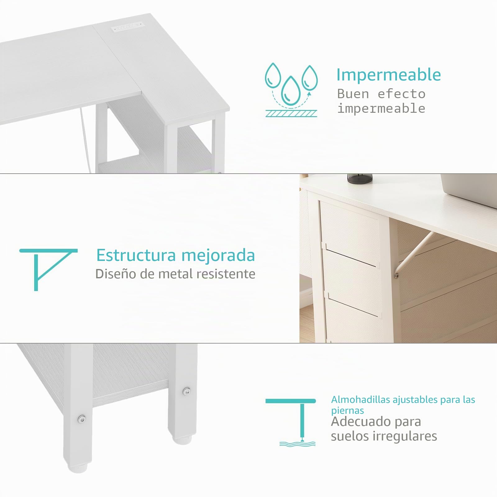 Lufeiya Mesa Escritorio Blanco con Cajones y Enchufes,Escritorio Esquinero con 4 Cajones 120CM Escritorio en l L para Oficina Juveniles Estudio（Enchufes Europea