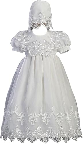 Blanco Bordado Organza Bautizo Bautizo Vestido con Capó