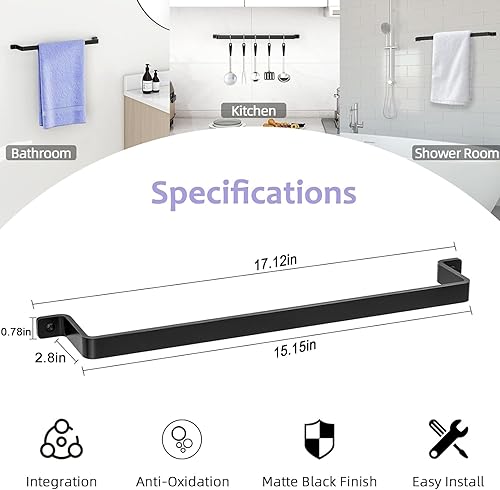 Miniatura 5 de Toallero para toallero de baño montado en la pared 2 toallas de baño de una sola pieza de 16 pulgadas, color negro, sin montaje, toallero de mano,