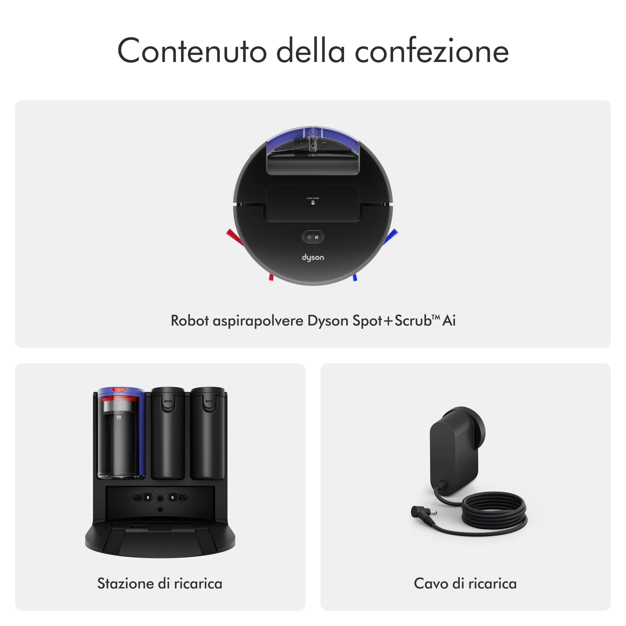 Dyson Spot+Scrub™ AI Robot aspirapolvere e lavapavimenti, 18.000 Pa, 200 min autonomia, auto‑svuotamento, base 3 L, rullo autopulente e filtrazione igienica 0,1 micron (Nero/Blu)