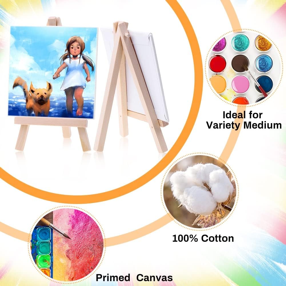 Mini Canvas for Painting with Easel, Cridoz 18 Pack 3”x3” Thin Painting Canvas Panel with Small Wooden Easel Set for Kids Painting Party, Acrylic Pouring Oil Water Color