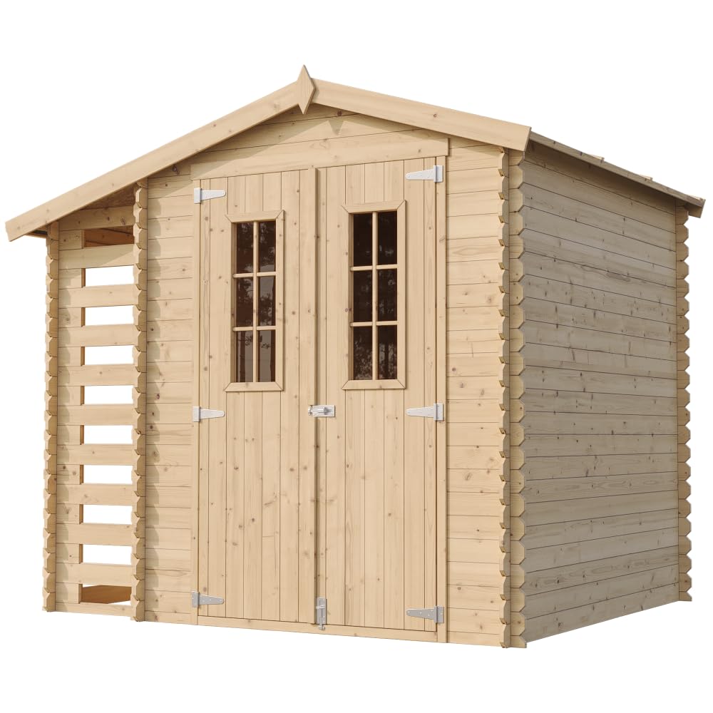 TIMBELA Gartenhaus Holz Mit Brennholzschuppen M386C - Geräteschuppen Holz B272xL206xH218 cm/ 3,53 + 0,97 m2 Lagerschuppen - Fahrradgarage Holz Wasserfestes Dach