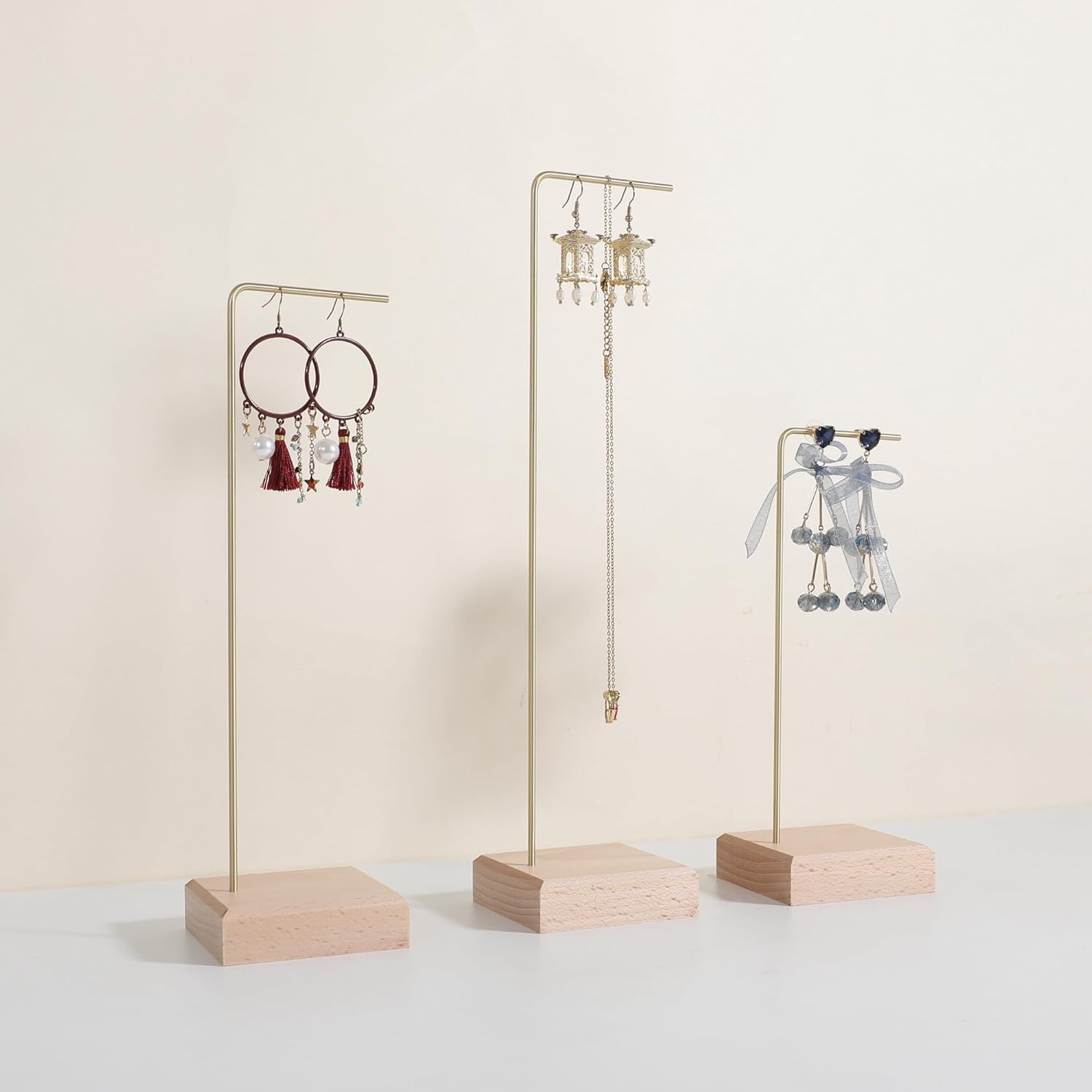 GemeShou 3pcs jewelry earring display stands for selling, Wooden Necklace Hanger Jewelry holder for show, Large Jewelry storage organizer shelf【Beech L shape jewelry shelf 3pcs-Large】