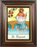 Hinterglaswerkstätten - Hinterglasbild/Patronatsbild Hl. Nepomuk mit braun gebeizten Holzrahmen, handbemalt mit Legende des Heiligen auf der Bildrückseite, ca. B: 12,5 x H: 16 cm