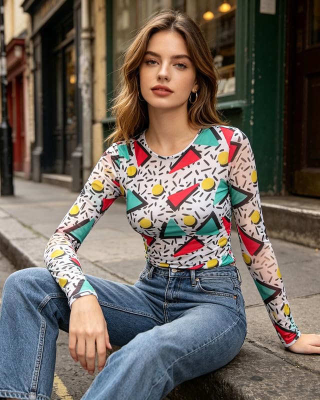 Image of 80s 90s Outfits for Women 80s Themed Party Sheer Top Retro Disco Sexy Going Out Tee 90s Streetwear Shirt