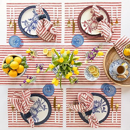 Image of Solino Home 100% Linen Napkins, 20 x 20 in, Red and White Striped, Set of 4