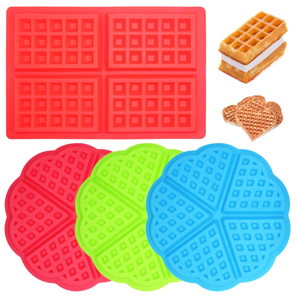 4 Pcs Waffle Mold,Sonku Silicone Heart-Shaped Square-Shaped Waffle Baking Molds Muffin Pans Chocolate Bread Pie Flan Bakeware