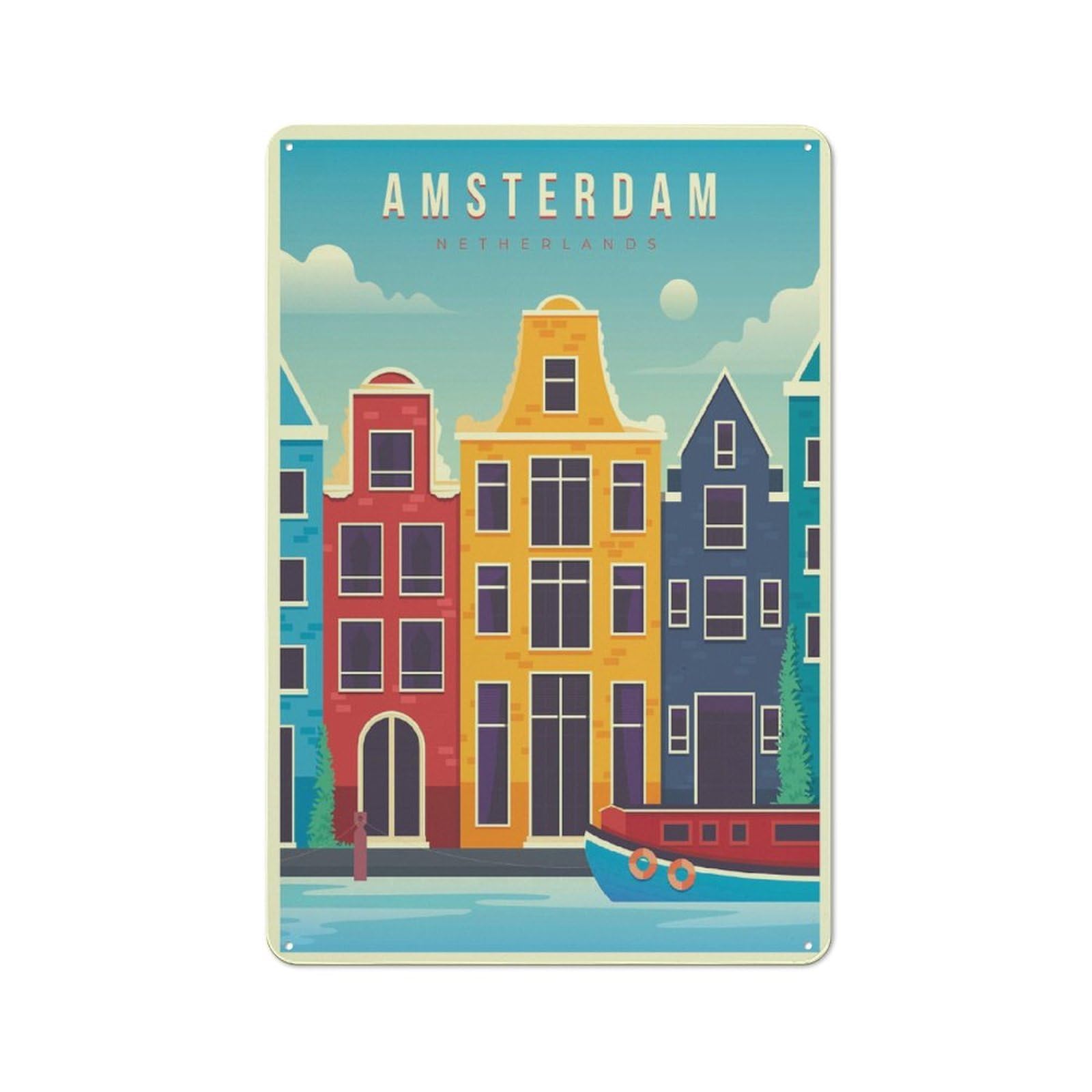 Junmoney Style-5 Metal Wall Sign 30X20cm Featuring Amsterdam Netherlands Travel (3) For Hallway Wall, For Vintage Wall Decor Fans, For Cafés, Pubs And Restaurants