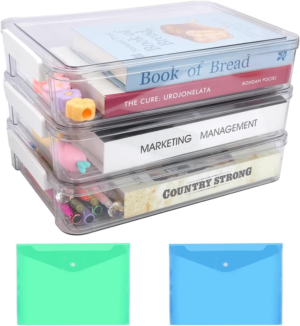 3 Pcs 5.5Qt Plastic Storage Bins with Lids and Latches, Clear Stackable File Box with 2 Document Holder and Sticker, Paper Storage Box for A4 Paper Letters Documents Scrapbook Art Supplies Crafts