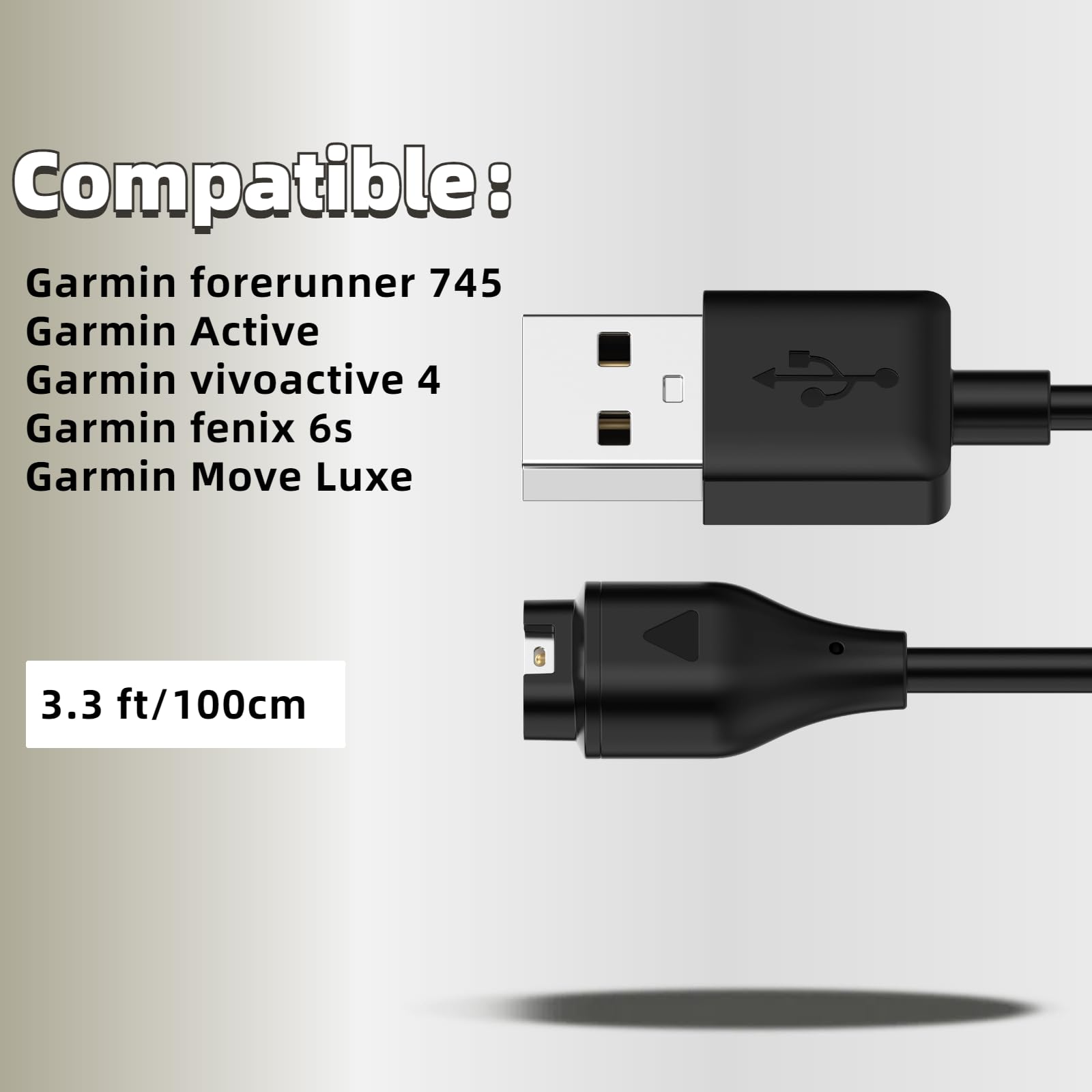 QHBAMD 2 Pack Charger for Garmin Forerunner 745/Active/vivoactive 4,Compatible with Garmin Fenix 6s/Move Luxe,USB A Charging Cable Dock Cord 3.3ft/1M with Charger Port Dust Plug