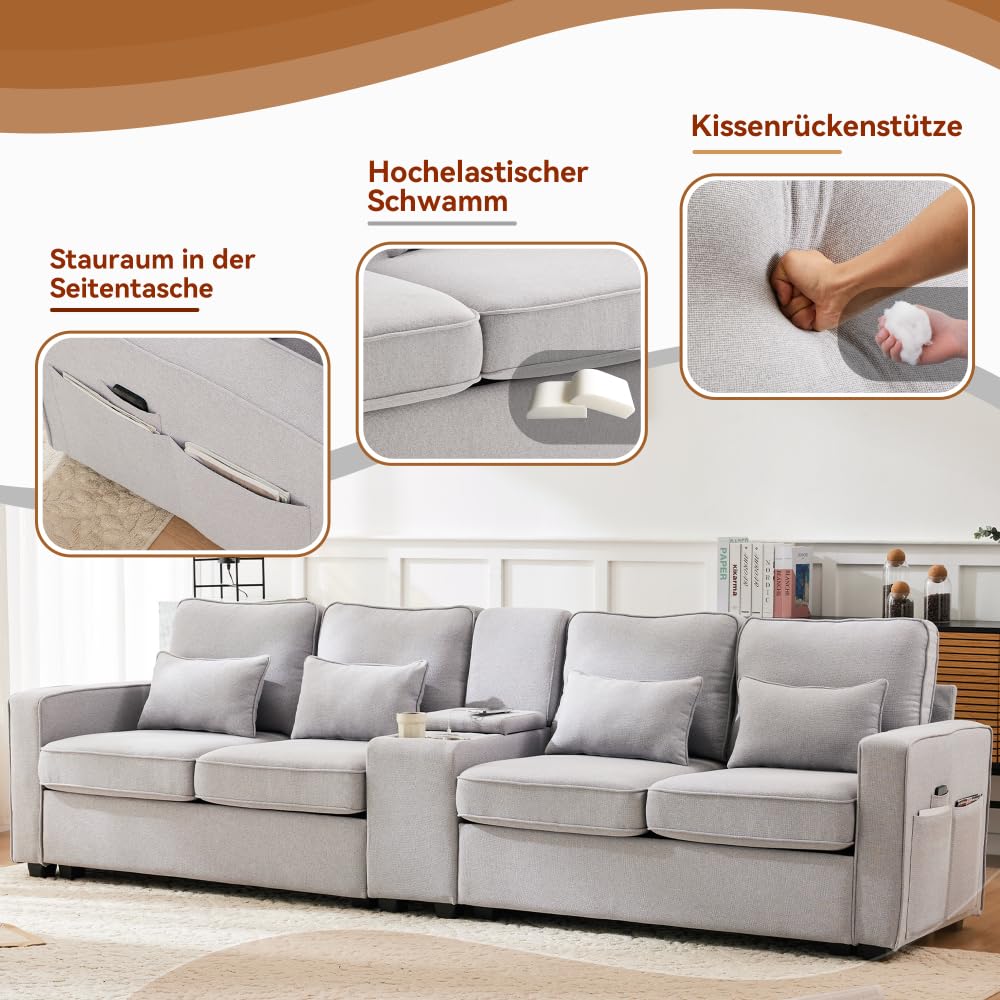 Sofá moderno de 4 plazas con bolsillos para reposabrazos y 4 cojines, con consola, 2 portavasos y 2 tomas USB, en lino, adecuado para muchas ocasiones (Gris+USB)