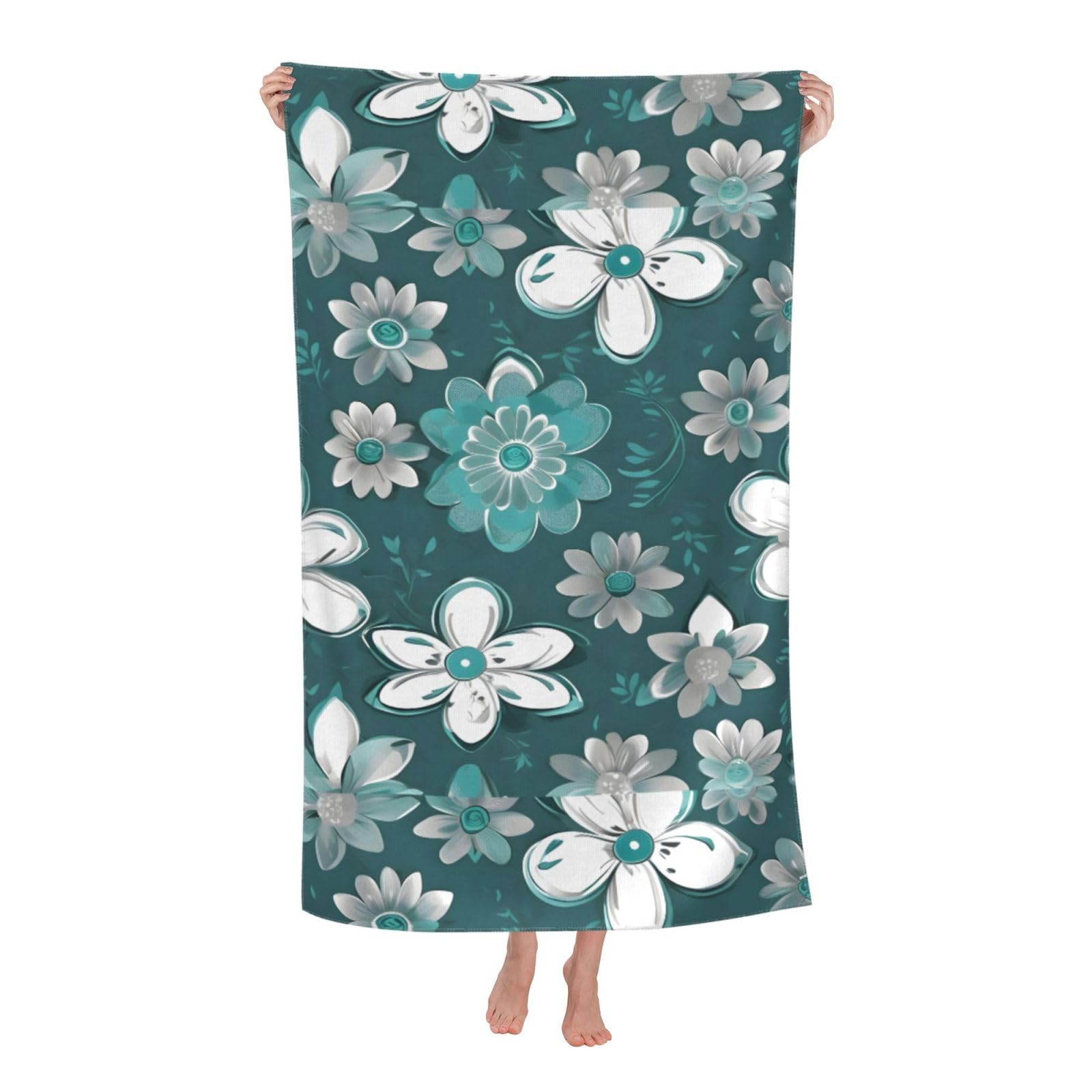 Cbaaghh Teal Grey And White Floral Print Adult Beach Towels,Beach & Pool Towel,Beach Towels,Towels For Camping
