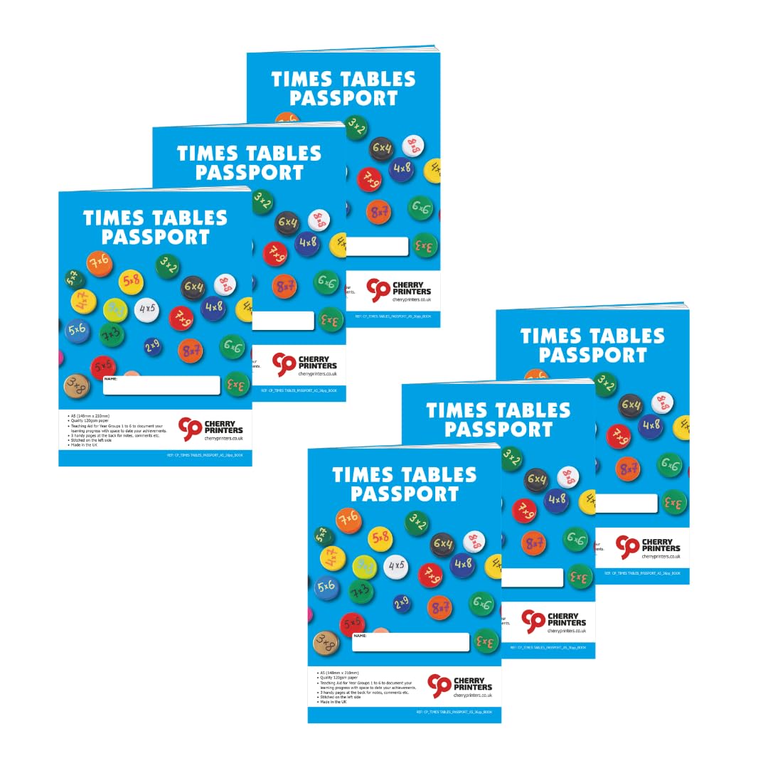 Cherry Printers | Times Tables Workbook A5 | KS1 KS2 Maths Practice Book | Multiplication Tables Learning Passport | 36pp Study Guide with Fractions | Prime Numbers | Measure Conversions **6 Pack**