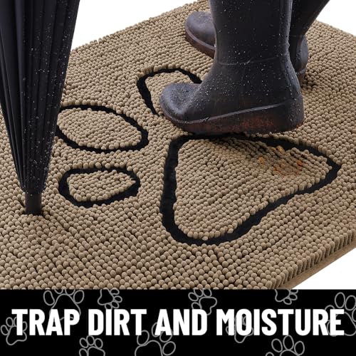 Image of Smiry Dog Door Mat for Muddy Paws, Absorbent Dirt Trapper Non Slip Quick Dry Washable Chenille Mat for Mud Dogs, Entry Rug for Indoor and Outdoor (40x24 Inches, Camel and Black)