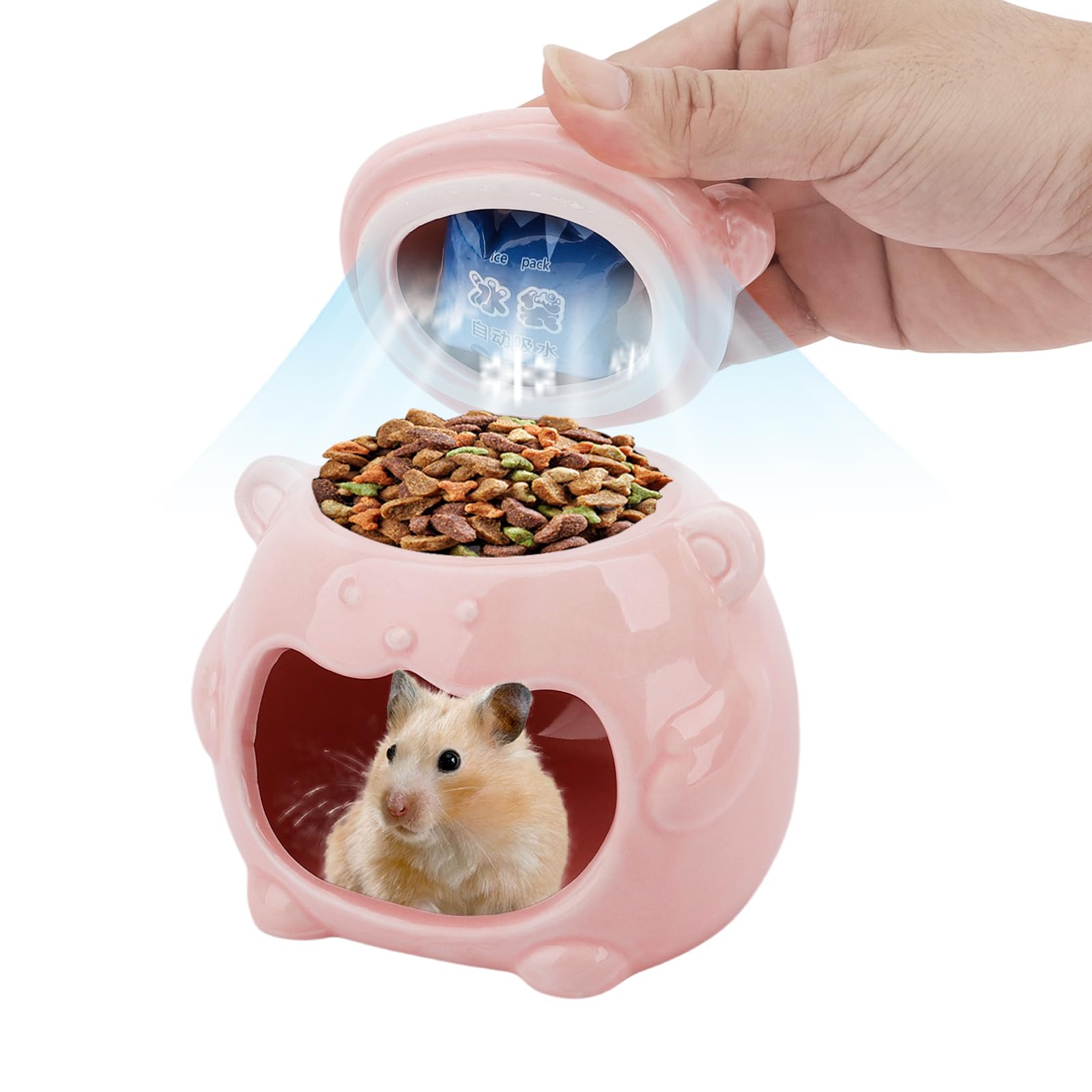 3-in-1 Bear Shaped Ceramic Hamster House - Cool House for Syrian Dwarf Hamsters, Mice, Gerbils， Small Pets, Top for Hamster Food, Removable Lid for Ice Packs, Cute Cool Hideout for Summer（Pink） pink middle size