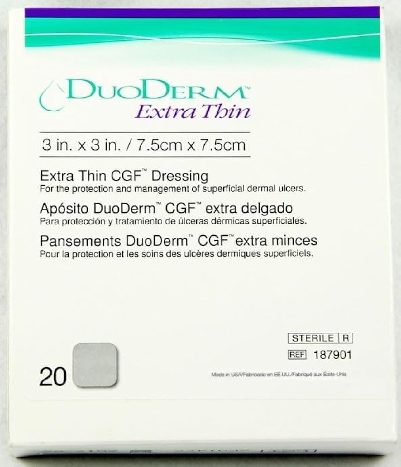 DuoDerm Extra Thin CGF Hydrocolloid Dressing 7.5 x 7.5cm (3 x 3in) | Management of light to moderately exuding wounds, Pack of 20, REF187901