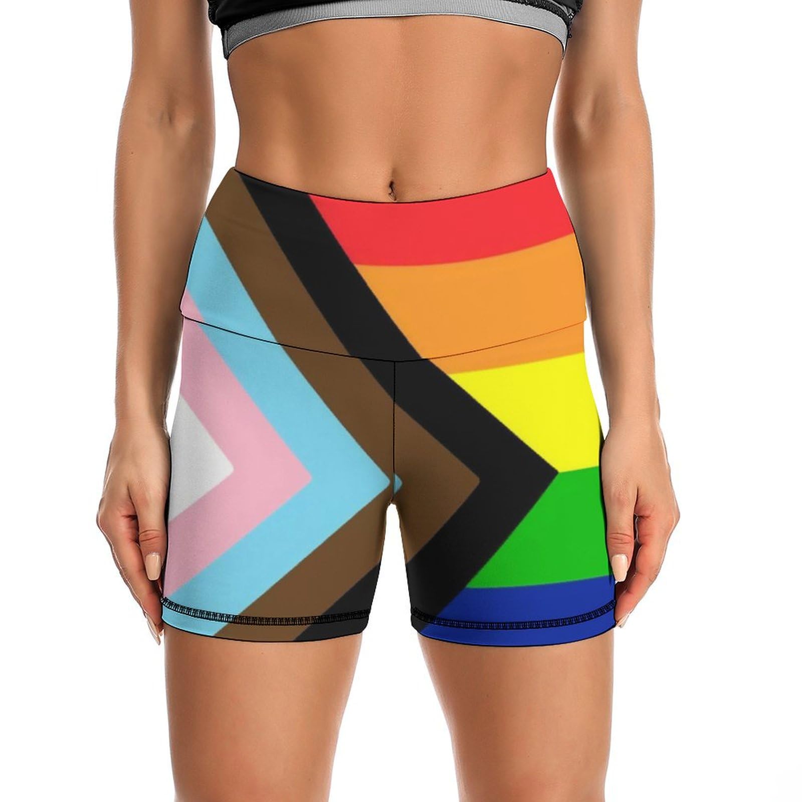 Progress Pride Flag Rainbow Gay Lesbian Transgender Bisexual LGBTQ High Waist Yoga Shorts for Women Athletic Shorts Leggings Running Pants