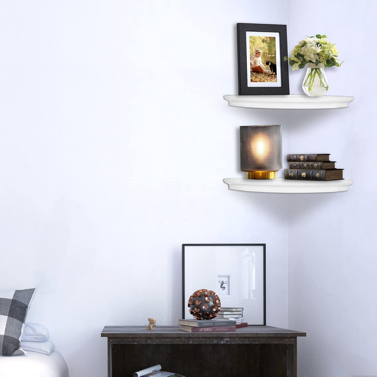 Floating Corner Wall Shelves Radial Wood Mounted Display Shelf for Bedroom Living Room Bathroom Kitchen 12 Inch Set of 2 White