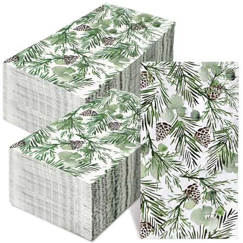 NOVIIML Pack Winter Guest Napkins Watercolor Eucalyptus Pine Branches Cones Paper Towel Napkins Disposable Decorative Hand Napkin for Party Supplies Table Decor, 13 x 15.7 Inch