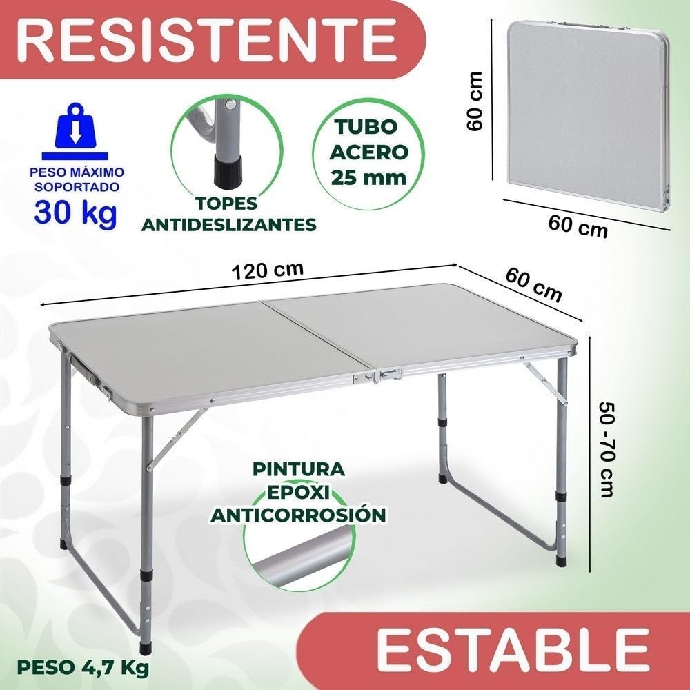 Mesa plegable camping y playa 120x60x70 cm, atura regulable 50-60-70 cm, mesa picnic portátil con asa transporte, patas plegables acero, tablero MDF aspecto madera nogal, gris, antivuelco y compacta.