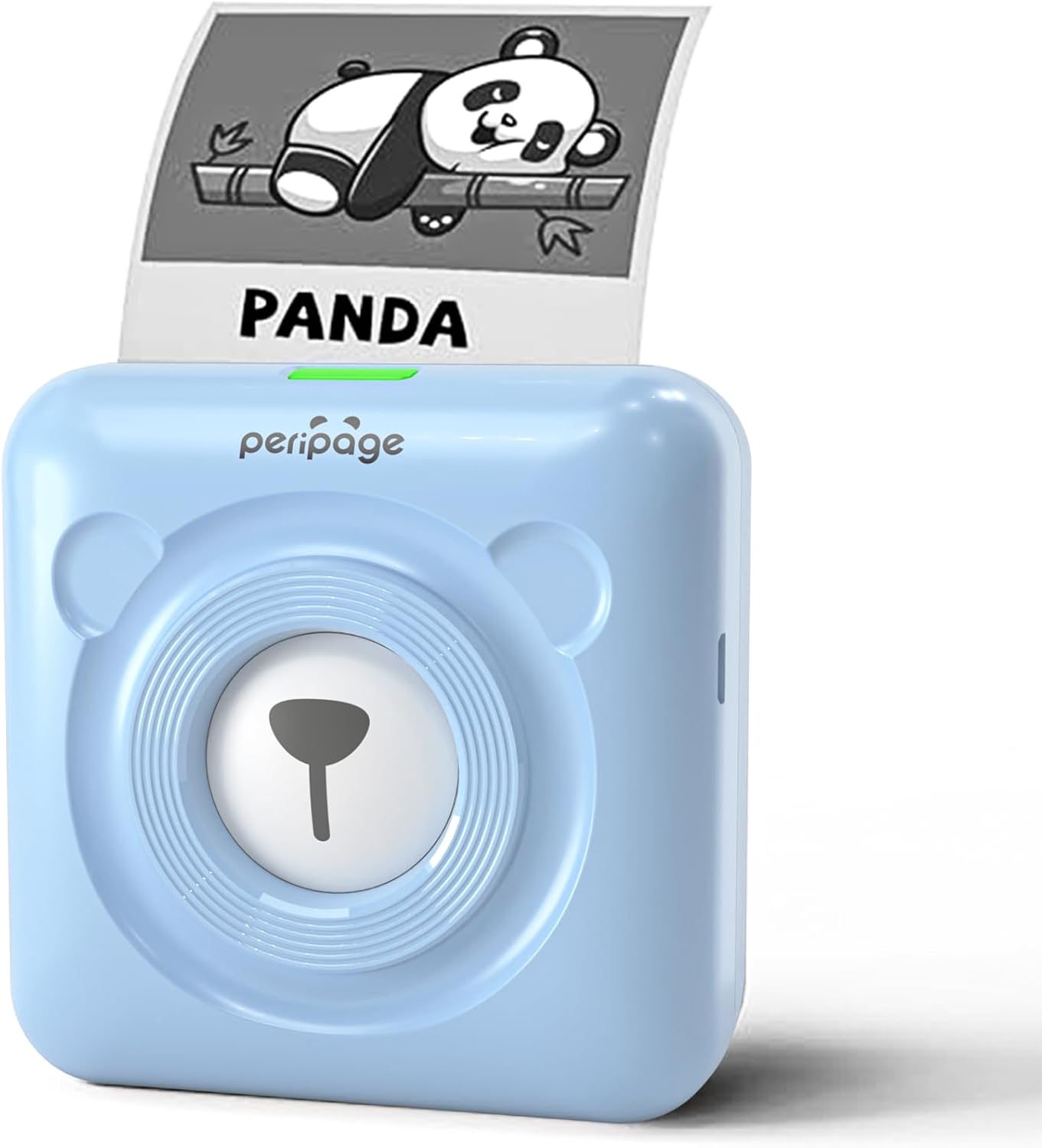 Пеш view of the blue PeriPage A6 Mini Printer with a printed image of a panda emerging from the top.