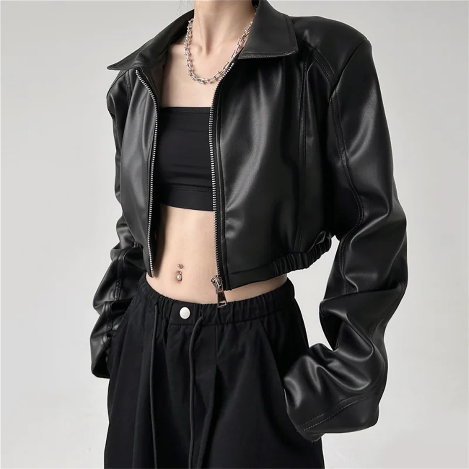 Chaqueta Cuero Mujer Chaquetas de cuero for mujer, abrigos cortos manga larga con solapa, ropa calle retro cremallera, abrigo informal moda Para salir