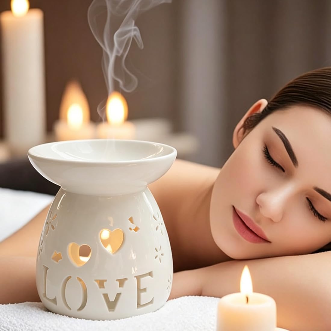 Ceramic Tealight Candle Holder Love Essential Oil Burner Ornament with Spoon for Yoga Spa, Oil Diffuser Aromatherapy Wax Melt Burners for Bedroom Home Decoration (White) image 5