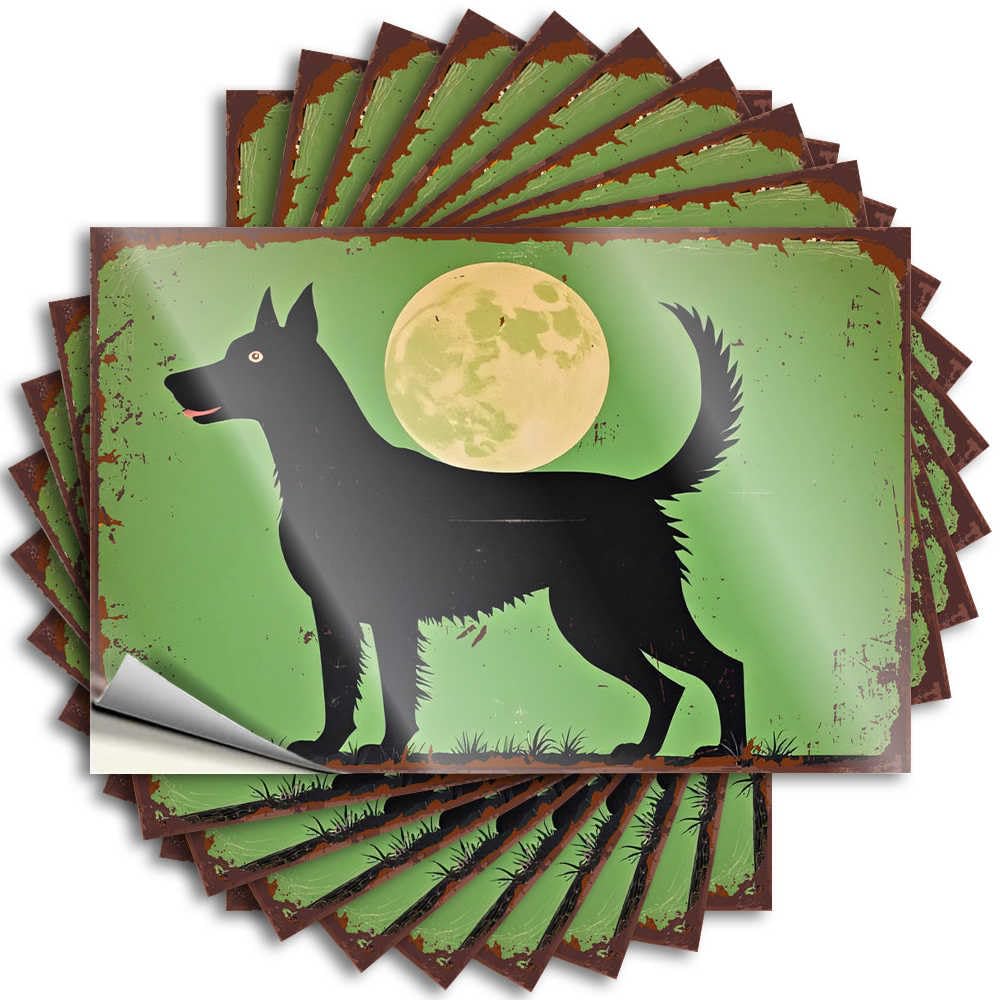 Black Dog Silhouette Against Full Moon On Green Background Cover Custom - Bedroom Door Decorations Quote Self Adhesive Sticker(6X9CM)