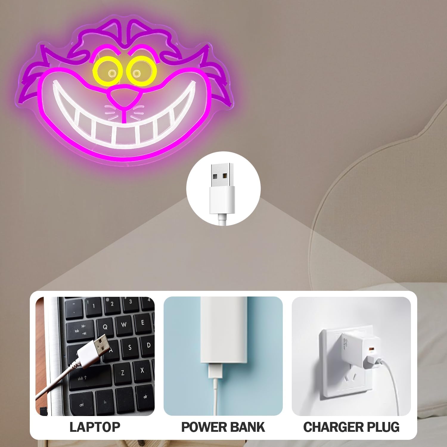 Cat Neon Sign for Wall Decor Dimmable Smiling Cat LED Sign USB Powered Cat Neon Lights for Bedroom Kids Game Room Birthday Party Light up Sign Halloween Christmas Gifts - Image 4