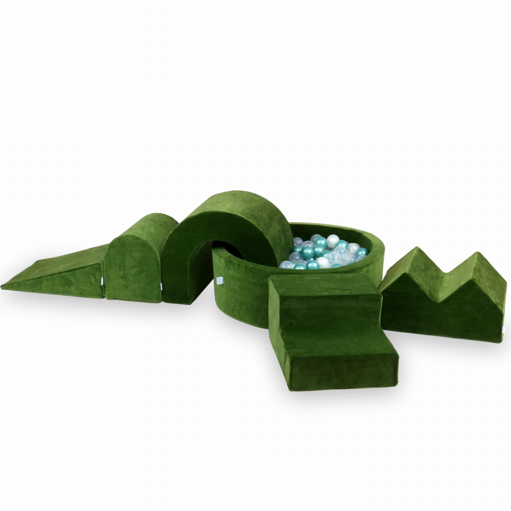 Mimii Parco giochi in schiuma con piscina di palline rotonda, 90 x 30 cm, Velvet Soft Oliv, grandi mattoncini per gattonare e arrampicarsi (200 palline: trasparente/perla/turchese metallizzato)