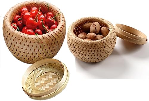 Roundsky Set of 2 Small Decorative Bamboo Baskets with Lid for Storing Small Items. Handmade and Braided Bamboo Box for Storage