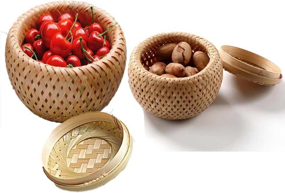 Roundsky Juego de 2 pequeñas cestas decorativas de bambú con tapa para guardar objetos pequeños. Caja de bambú hecha a mano y trenzada para almacenamiento