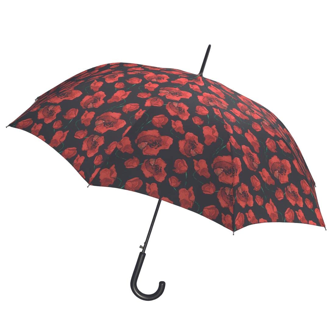 Happy Rain Paraguas de mujer largo- Sistema Antiviento- Ligero-Práctico- Estampado Flores rojas-Diámetro 102cm (Negro)
