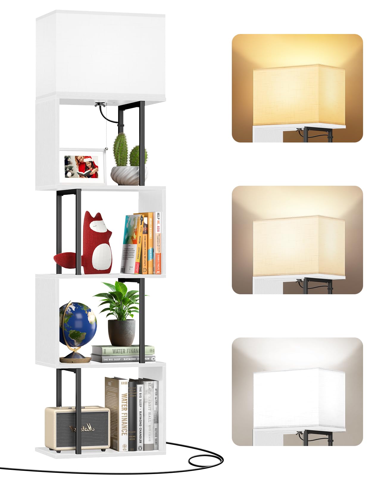 Libreria a Forma di S con 5 Ripiani e Lampada da Terra Dimmerabile, 3 Temperature di Colore, Timer da 1 Ora e Telecomando, Design Moderno per Soggiorno, Camera da Letto e Ufficio