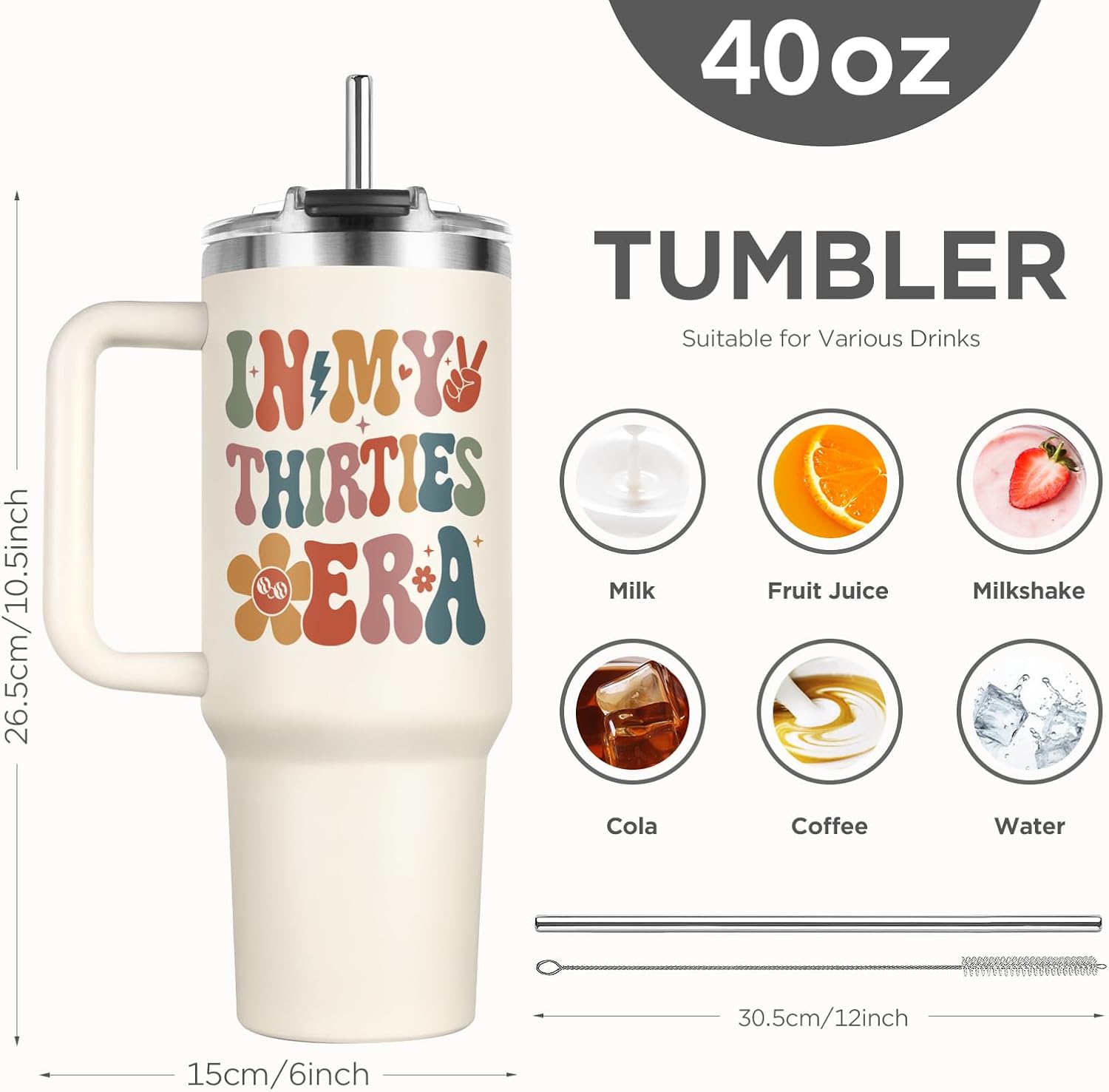 Shqiueos 30th Birthday Gifts for Women 40oz Tumbler with Handle and Straw Lid, 30 Year Old Gifts for Her, Best Friend, Sister, Daughter, 30s Birthday Decoration-In My Thirties Era Cup Water Bottle - Image 2