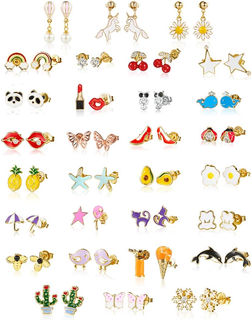 30 Pairs 18K gold plated earrings Kids๏ผHypoallergenic earrings for girls sensitive ears, Fashion earrings for teen girls,earring sets for women.