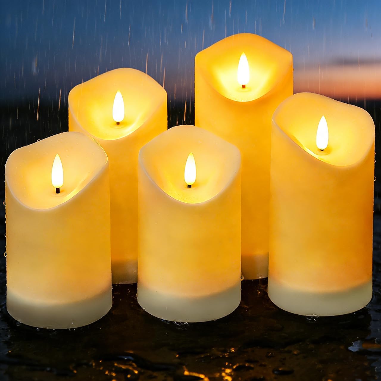 Solar Outdoor Waterproof Flameless Candles - 5 Pack Solar & Battery Operated LED Candles, White (D3.25" x 4"/5"/6" Assorted Heights) for Garden, Patio, Outdoor Decoration