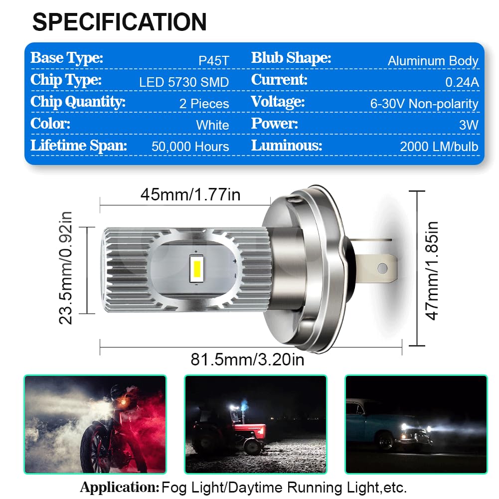 SOFOC R2 P45T Ampoule LED pour Phare de Moto/Voiture Blanc Froid 6500K 6V 12V 24V Compatible avec 6-30V AC/DC 2000LM 300% Plus Lumineux que Halogène Code/Croisement 2SMD 1pcs