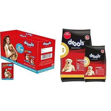 Drools Puppy Wet Dog Food, Real Chicken and Chicken Liver Chunks in Gravy, 15 Pouches (15 x 150g) & Chicken and Egg Adult Dog Food, 3 kg with Free 1.2 kg