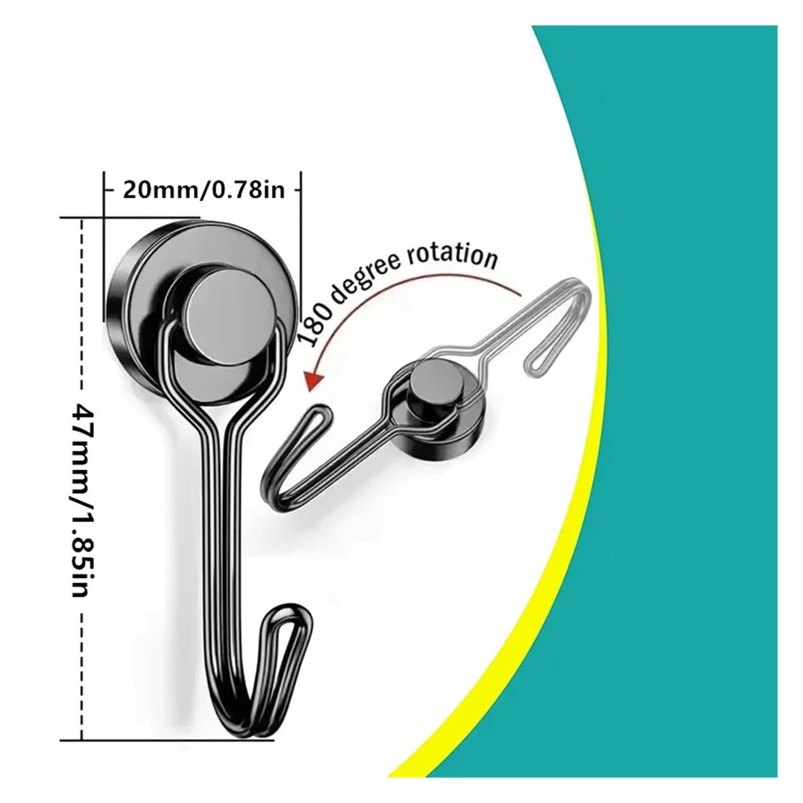 Genérico Gancho magnético negro de varios tamaños, ganchos giratorios magnéticos resistentes for soporte, herramientas almacenamiento cocina y nevera(360-20mm-8PCS)
