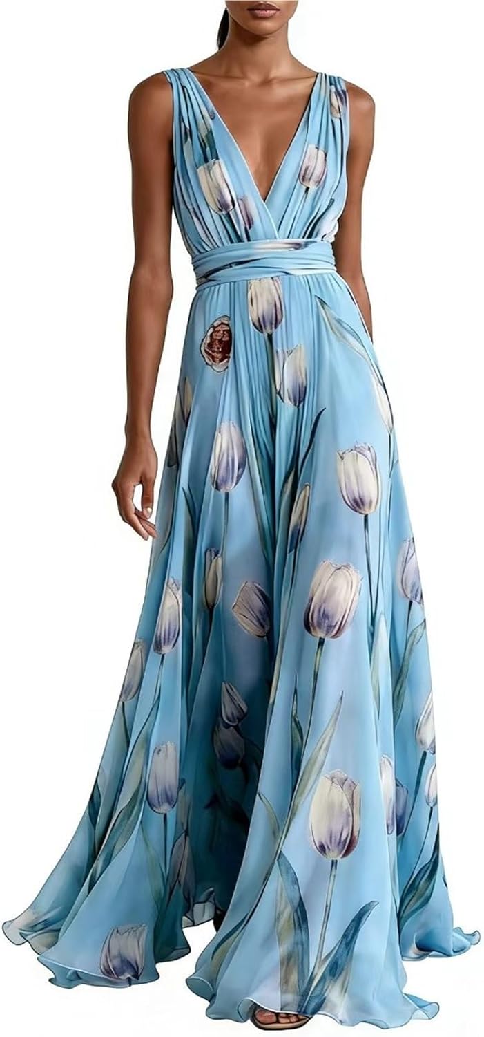 Women's Tulip Print Chiffon Maxi Evening Gown, Sleeveless V-Neck Flowy Long Formal Dress for Wedding & Proms