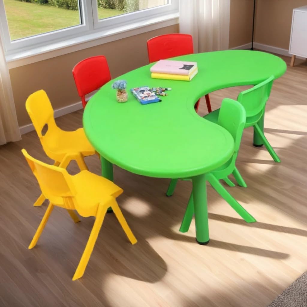 eHomeKart Moon Table with 5 Chairs for Kids - Half Round Moon Shape Plastic Table with 54 inch Length with 5 Chairs - Study Table for Kids at Home or School - Color May Vary-picture-27