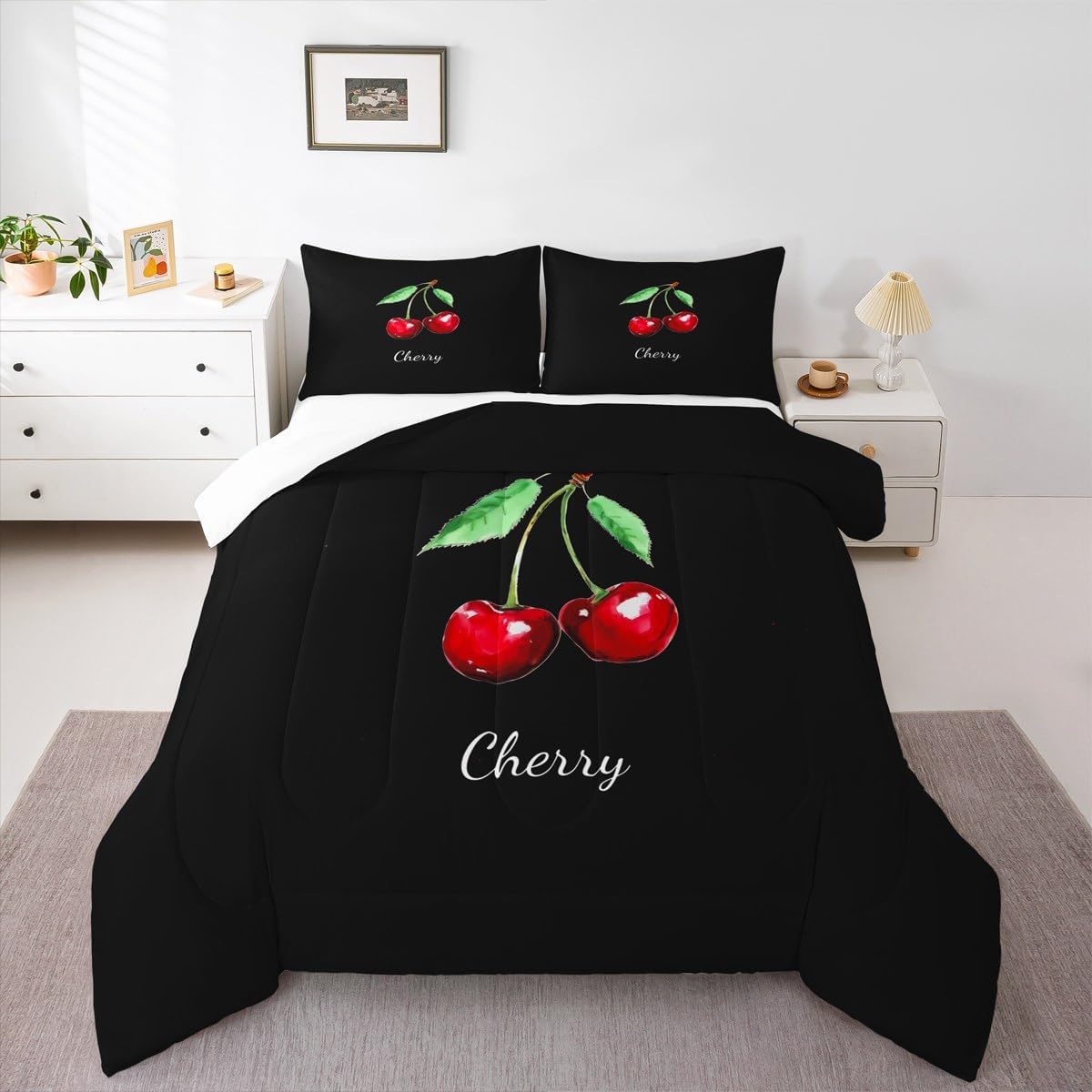 Homewish Cherry Comforter Set Queen Size,Tropical Fruit Bedding Set 3pcs for Kids Teens Adult Room Decor, Solid Black Background Quilt Set Concise Vintage Duvet Insert with 2 Pillowcases